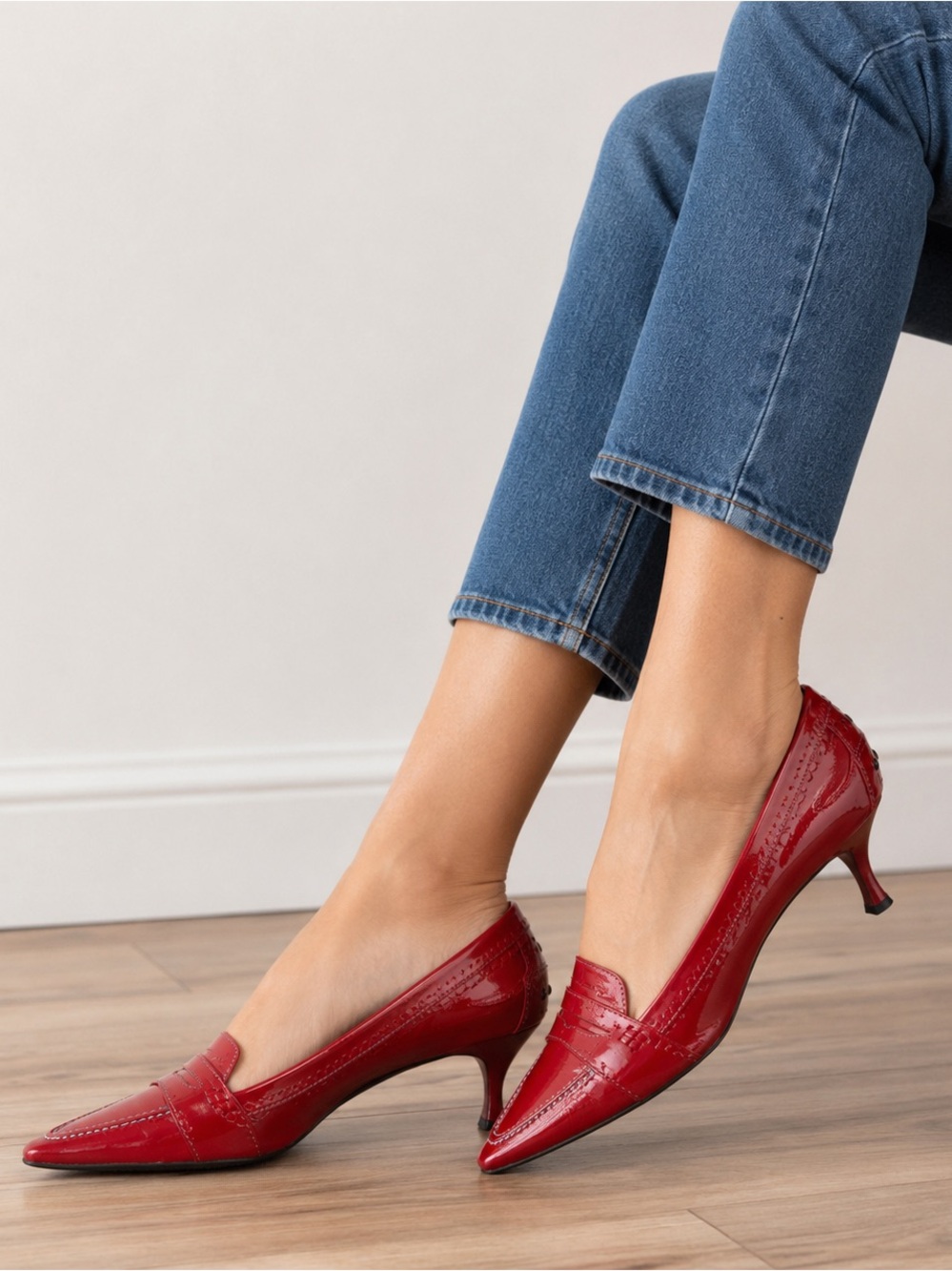 Tod's Red Patent Leather Pointed Penny Loafers w/ Kitten Heal S- 38 1/2 - 8 1/2